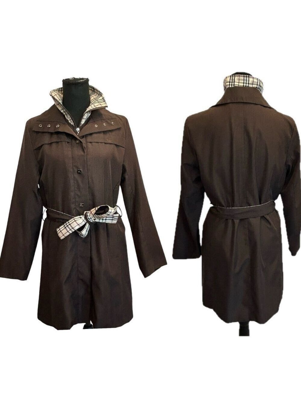 Dark chocolate brown nova check mini trenchcoat full zip belted high collar